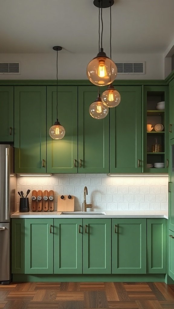 A kitchen with green cabinets and stylish pendant lights