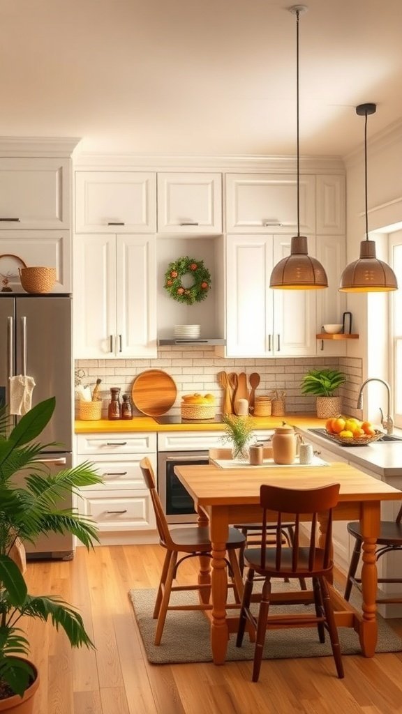Cozy kitchen with white cabinets, wooden table, and plants