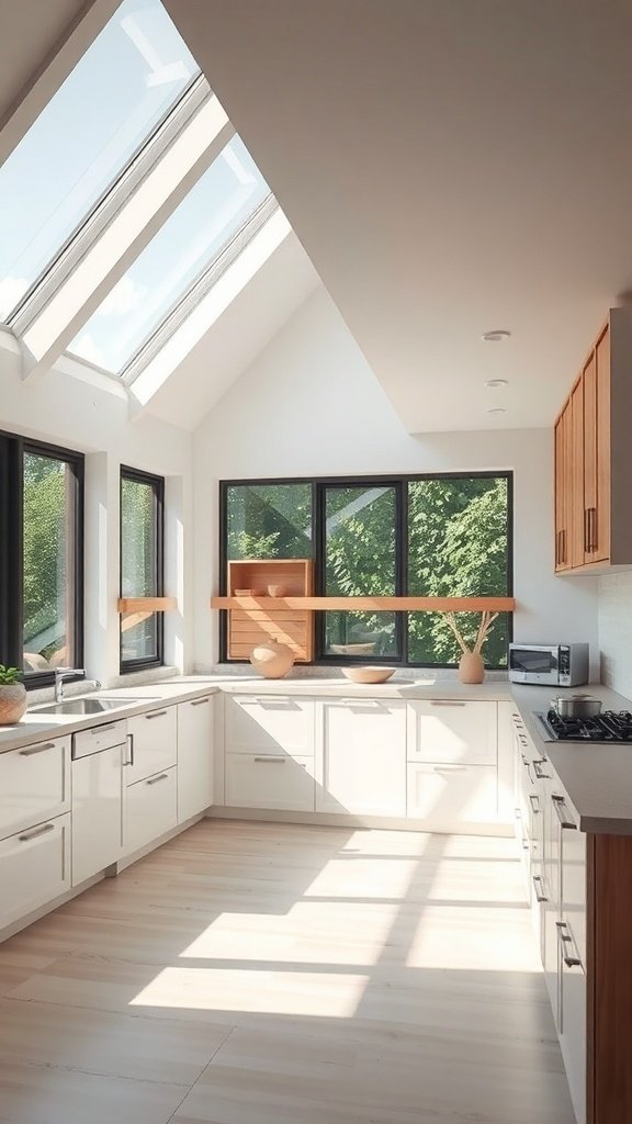 A bright kitchen with large windows and a skylight, featuring white cabinets and light wood flooring.