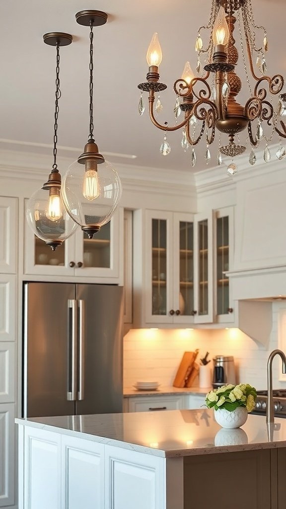 A kitchen featuring elegant lighting fixtures, including a chandelier and hanging pendant lights.
