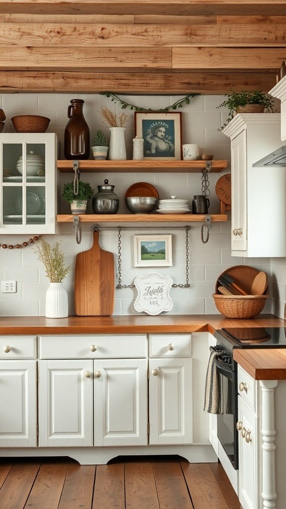 A cozy farmhouse kitchen featuring white cabinets, wooden countertops, and open shelving with decorative items.
