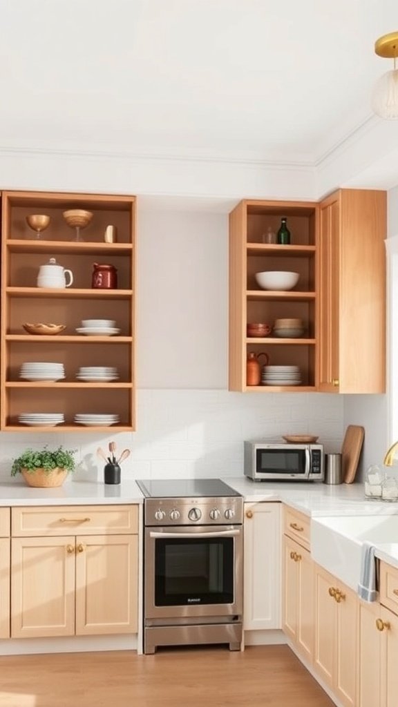 A modern kitchen featuring a mix of open and closed storage with wooden shelves and cabinets.