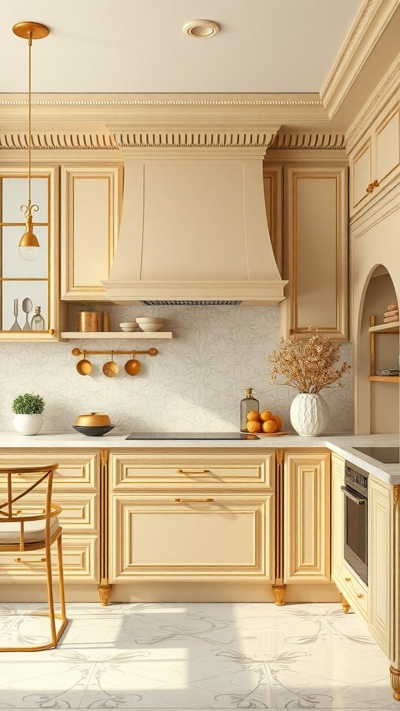 A stylish beige kitchen featuring gold accents, elegant cabinetry, and modern decor.