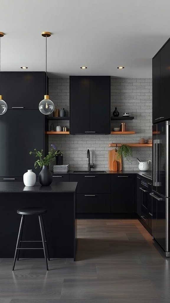 A modern kitchen featuring black cabinets, stylish lighting, and a sleek design.