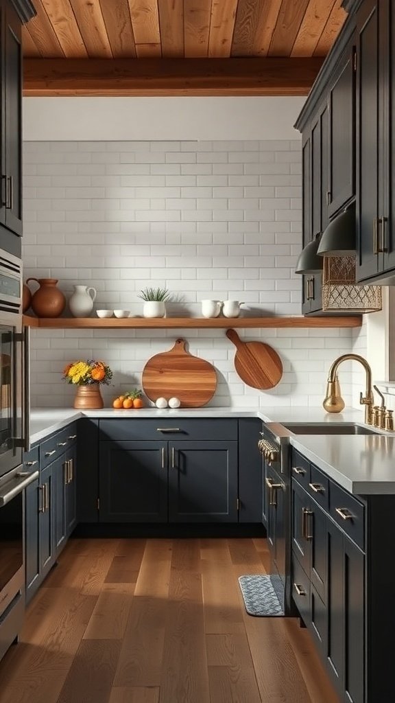 A modern farmhouse kitchen with dark cabinetry, wooden shelves, and warm lighting.