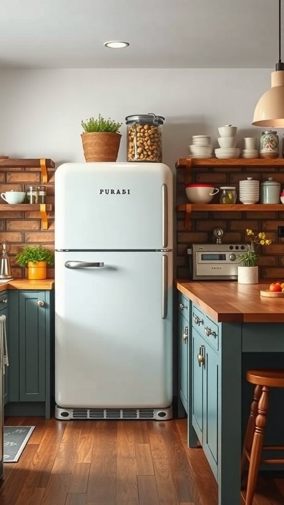 A vintage white refrigerator in a rustic farmhouse kitchen with wooden shelves and a potted plant on top.