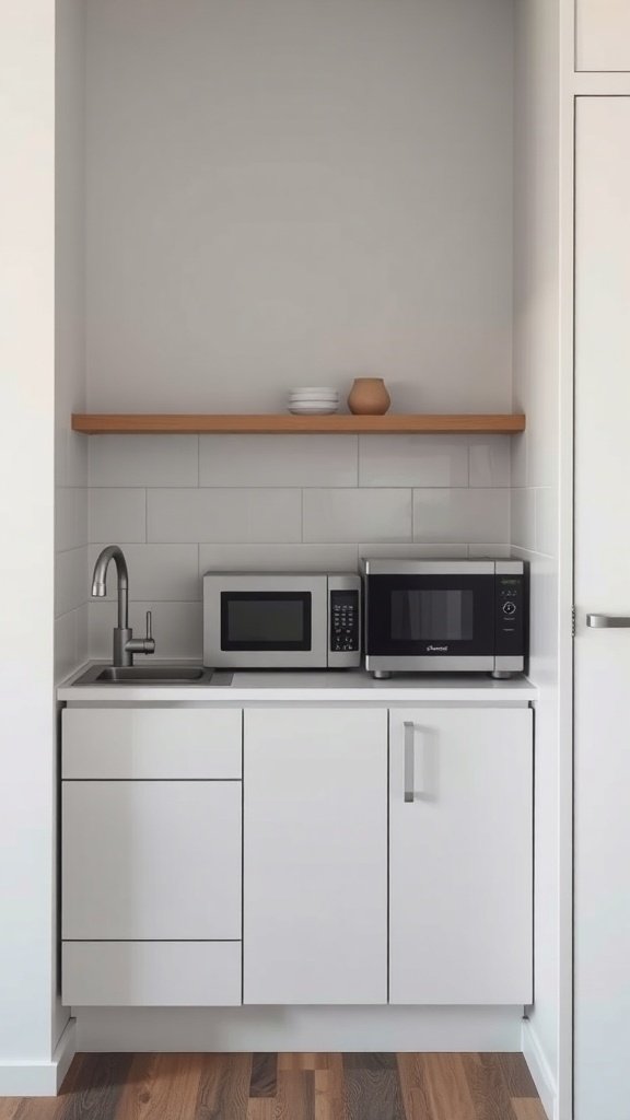 A compact kitchen area featuring a sink, microwave, and multi-functional oven, designed for efficient cooking.