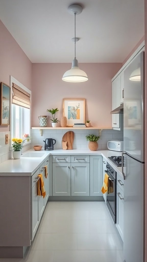 A small kitchen with pastel pink walls, light blue cabinets, and yellow accents.