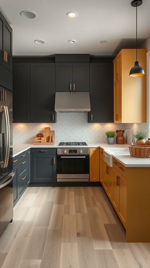 A kitchen featuring two-tone cabinets with dark and yellow colors, showcasing a modern design.