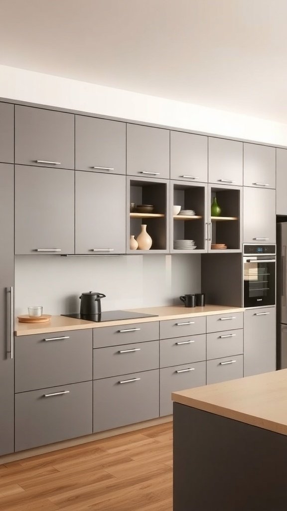 A modern kitchen featuring gray modular cabinets with a wooden countertop.