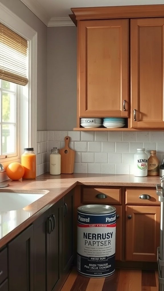 A cozy kitchen with light and dark cabinets, showcasing a can of paint and kitchen items.