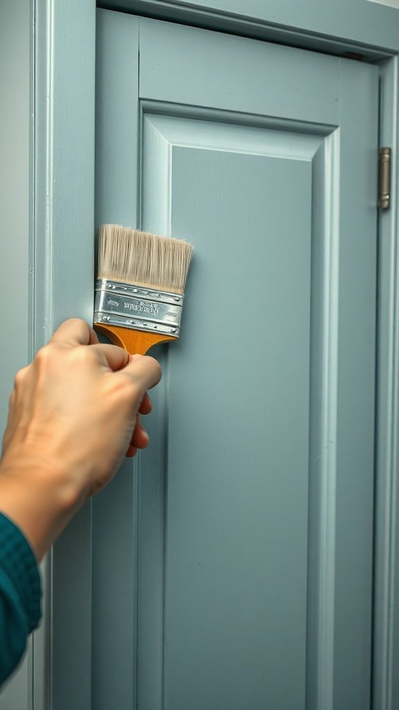 A hand holding a brush painting a blue kitchen cabinet door