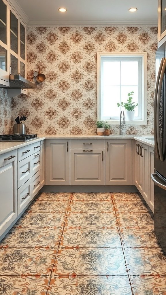 A kitchen featuring unique patterned floor tiles and a stylish design.