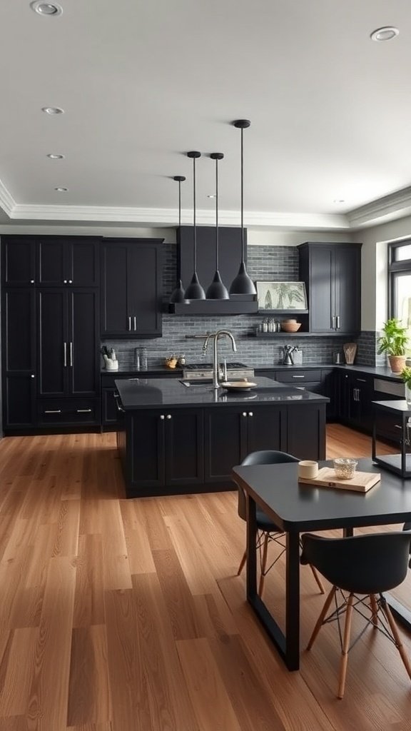 A modern kitchen featuring black cabinets, a wooden floor, and a central island with pendant lighting.