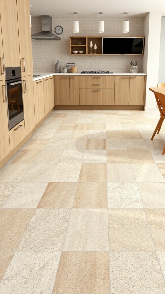 A modern beige kitchen with beige tiled flooring and wooden cabinets.