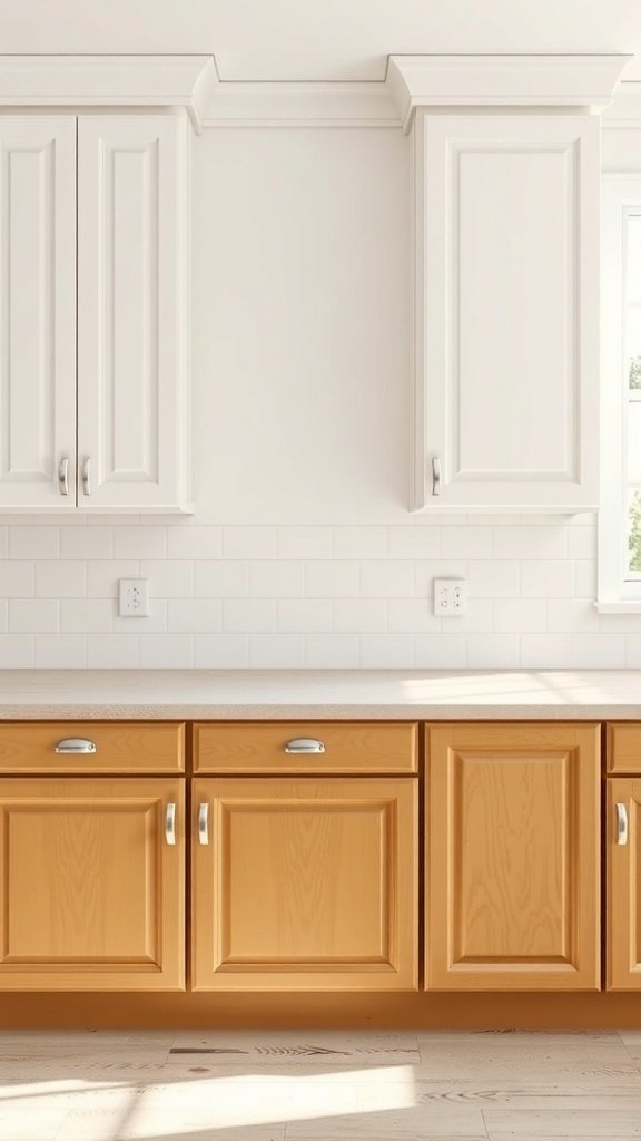 A kitchen with white upper cabinets and warm wood lower cabinets, showcasing a blend of colors.