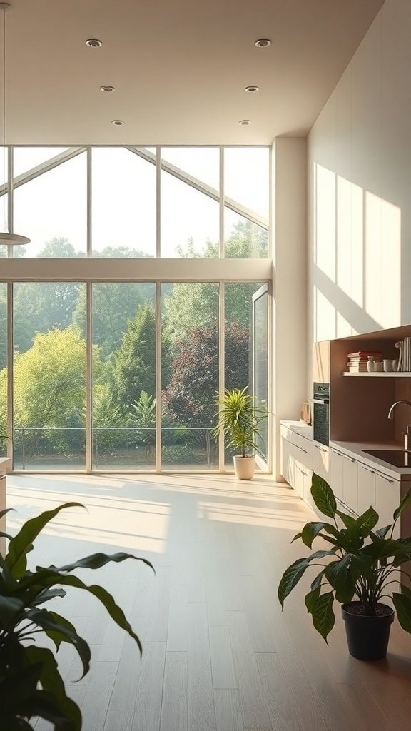 Bright open kitchen with large windows and plants, showcasing natural light.