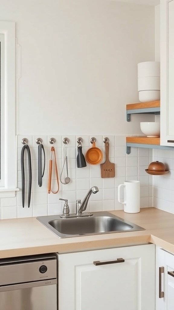 A small kitchen with a stylish backsplash used for storage, featuring hooks for utensils and open shelves.