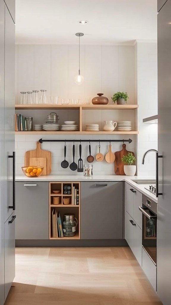 A modern open kitchen featuring smart storage solutions with open shelving and organized utensils.