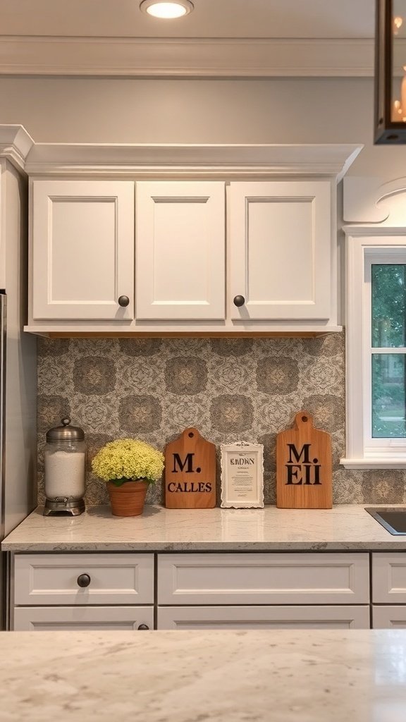 Kitchen cabinets with crown molding and decorative elements