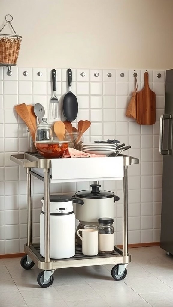 A rolling cart in a small kitchen with utensils, pots, and containers.