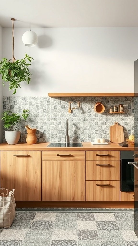 A modern kitchen featuring wooden cabinets, patterned tiles, and hanging plants.