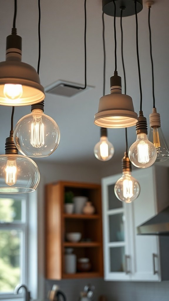 A collection of stylish hanging light fixtures in a modern kitchen.