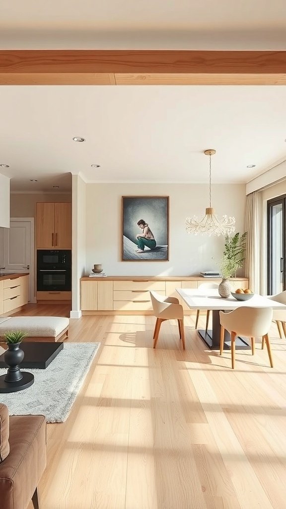 A modern kitchen and dining area featuring white oak cabinets, a dining table, and natural light.