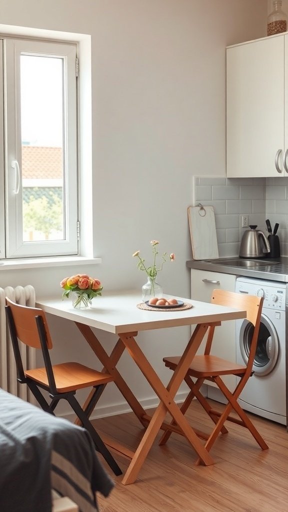 A cozy kitchen with a foldable table and two chairs, featuring a vase of flowers and a plate of eggs.