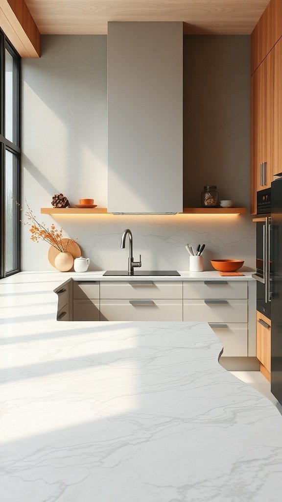 A modern kitchen featuring a uniquely shaped countertop with a sleek design and a light color scheme.