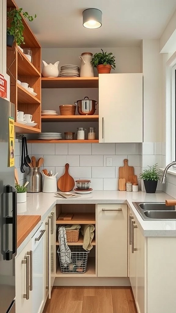 A small kitchen with open wooden shelves, white cabinets, and organized storage.