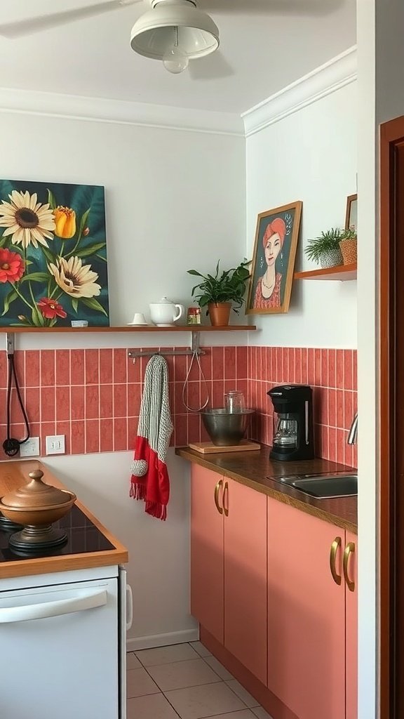 A small kitchen featuring colorful wall art, including a floral painting and a portrait, with pink cabinets and a cozy atmosphere.