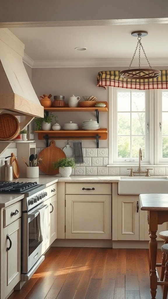 A cozy kitchen featuring painted cabinets, wooden shelves, and natural light.