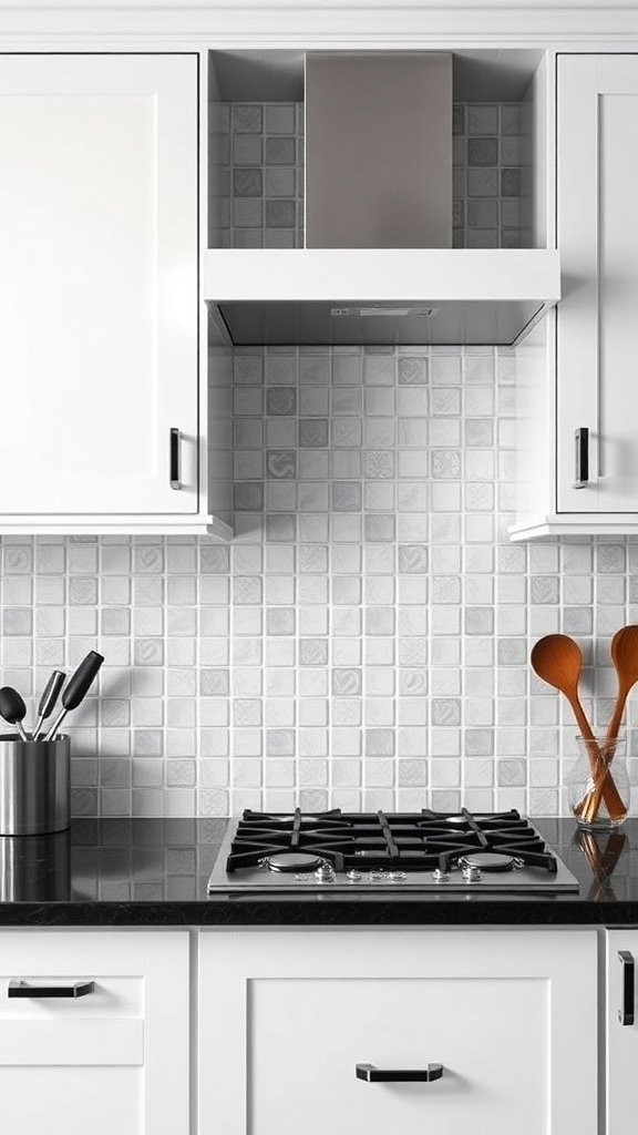 A modern kitchen featuring a black countertop, white cabinets, and a light gray and white tiled backsplash.