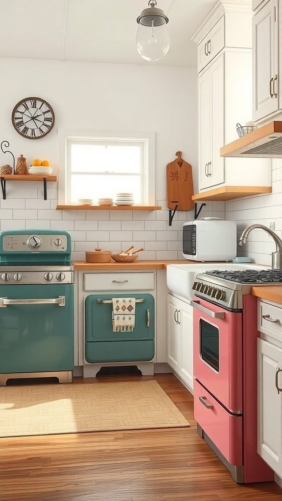 A modern farmhouse kitchen featuring teal and pink retro appliances.