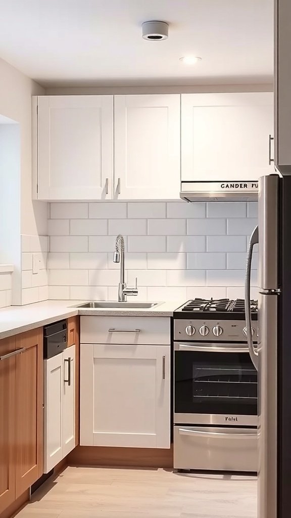 A small kitchen featuring a functional work triangle with a sink, stove, and refrigerator.