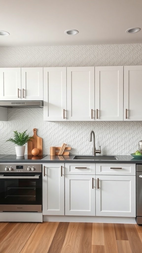 A modern kitchen featuring white cabinets and a textured wall treatment.