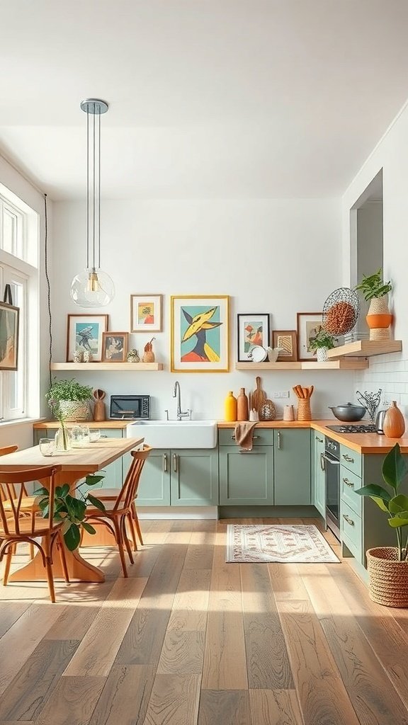 A bright open kitchen featuring colorful artwork on the walls, wooden flooring, and stylish decor.