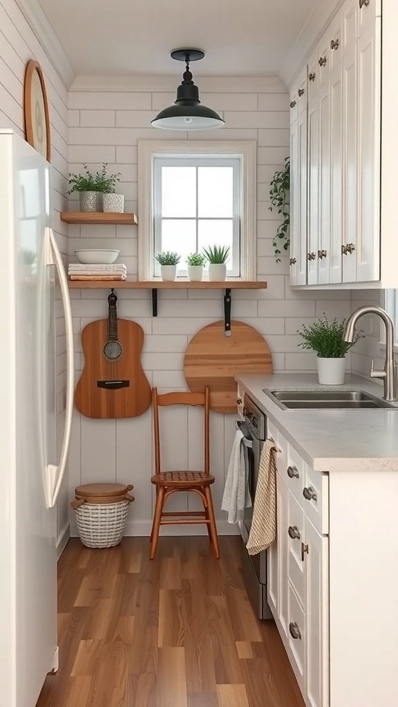A small kitchen with white cabinets, wooden shelves, a guitar on the wall, and plants.