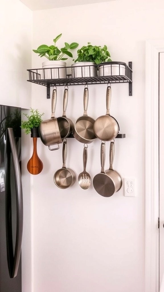 A wall-mounted pot rack displaying pots and plants in a small kitchen.