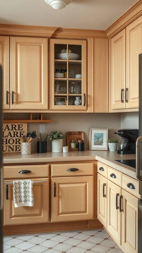 A cozy kitchen with light wood cabinets, glass-fronted cabinet displaying dishware, potted plant, framed picture, and a stylish dish towel.
