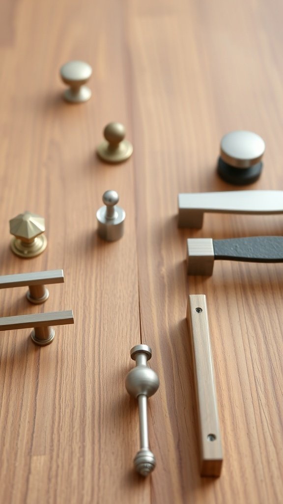 A variety of cabinet hardware including knobs and pulls on a wooden surface.