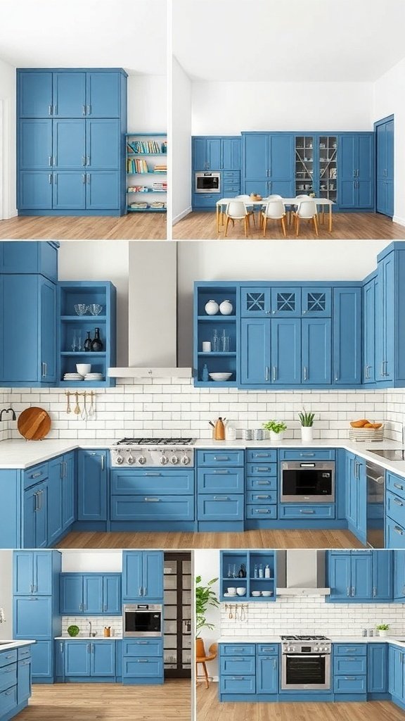 A collage of blue kitchen cabinets showcasing various designs and layouts.