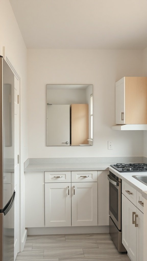 A small kitchen featuring a mirror on the wall, reflecting light and creating a sense of space.