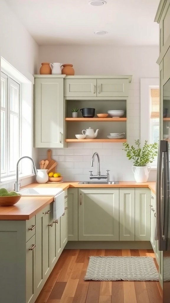 A kitchen featuring soft sage green cabinets, wooden countertops, and open shelving with dishware.