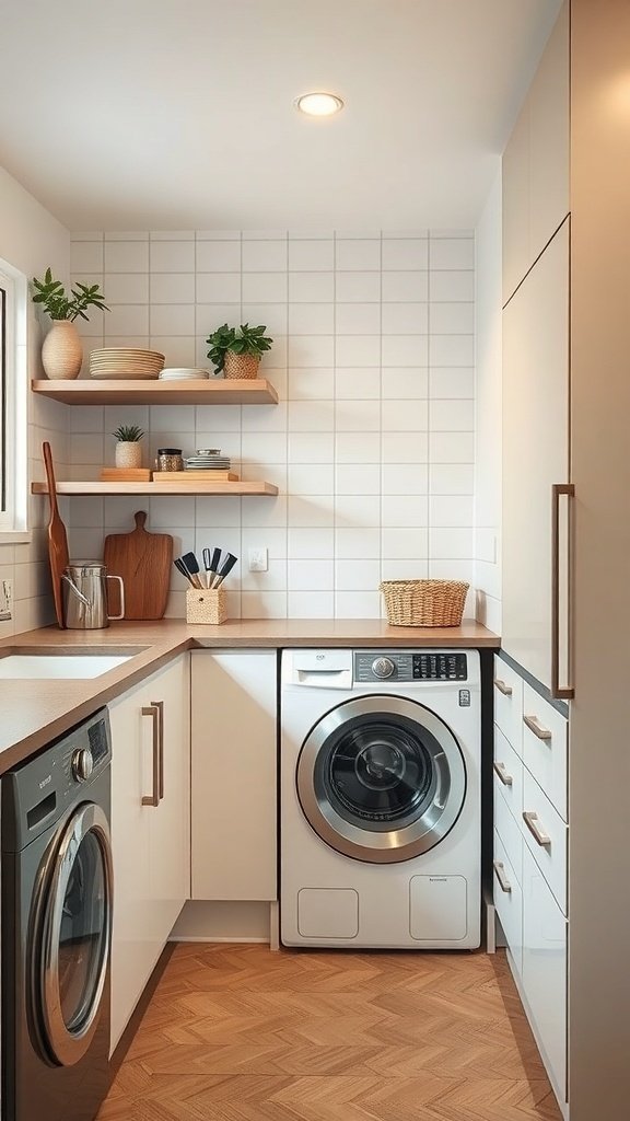 Compact laundry-kitchen combo with washing machine, open shelves, and herringbone flooring.
