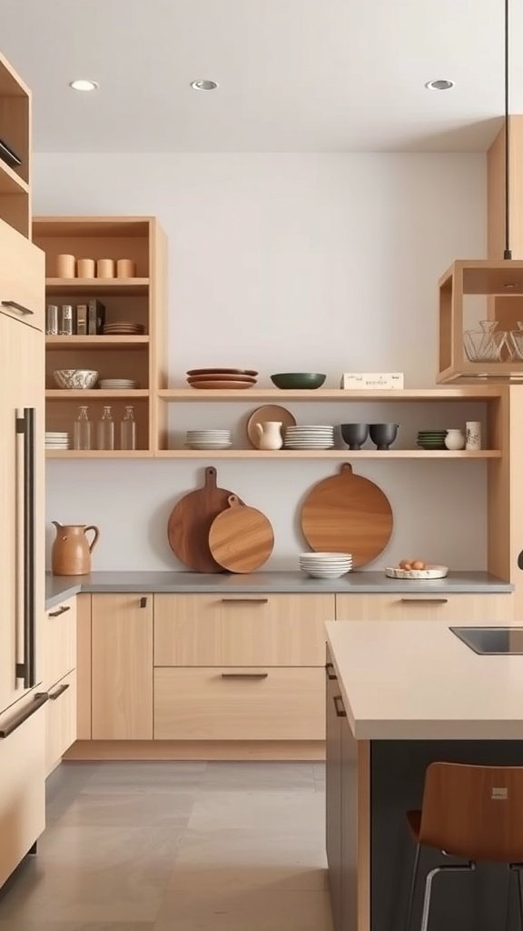 A modern open kitchen with light wood cabinetry, open shelves displaying dishes, and a clean countertop.