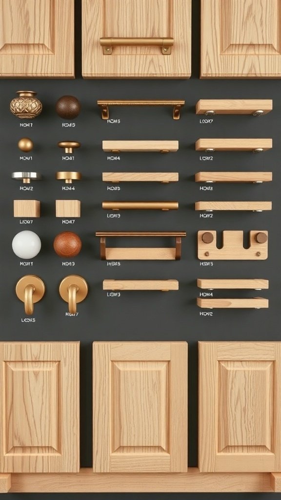 A variety of cabinet hardware options displayed against white oak kitchen cabinets.