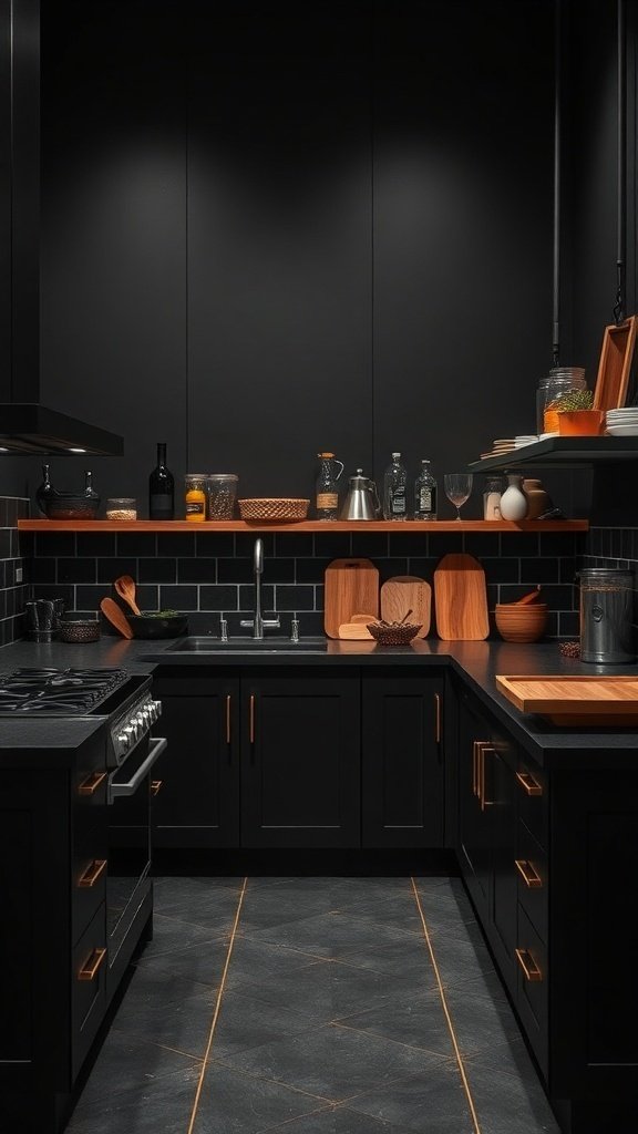 A modern black kitchen with sleek cabinets, wooden accents, and a stylish layout.