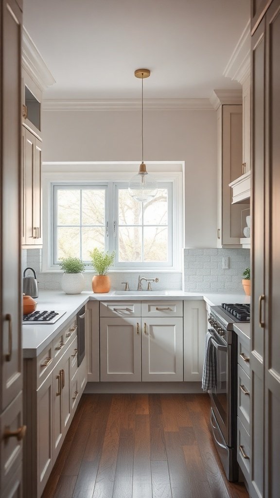 A modern kitchen with beige cabinets, light countertops, and natural light coming through a window.